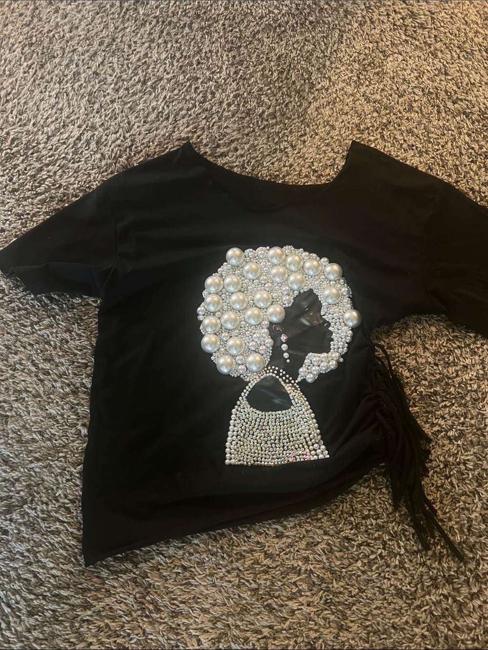 Black Short Sleeve Tee with Embellished Pearl Afro Graphic